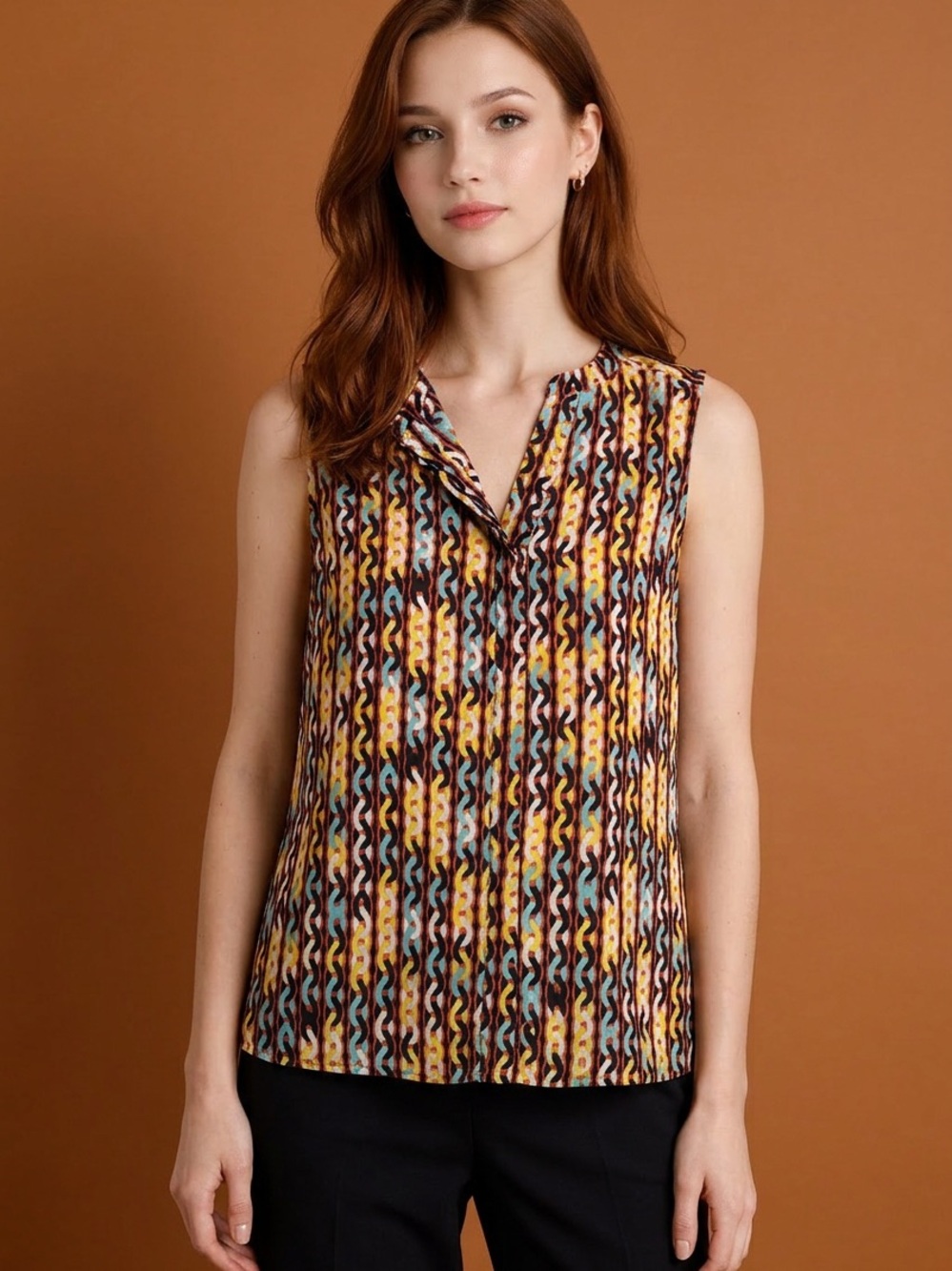Banana Republic Multicolor Sleeveless Printed V-Notch Blouse
